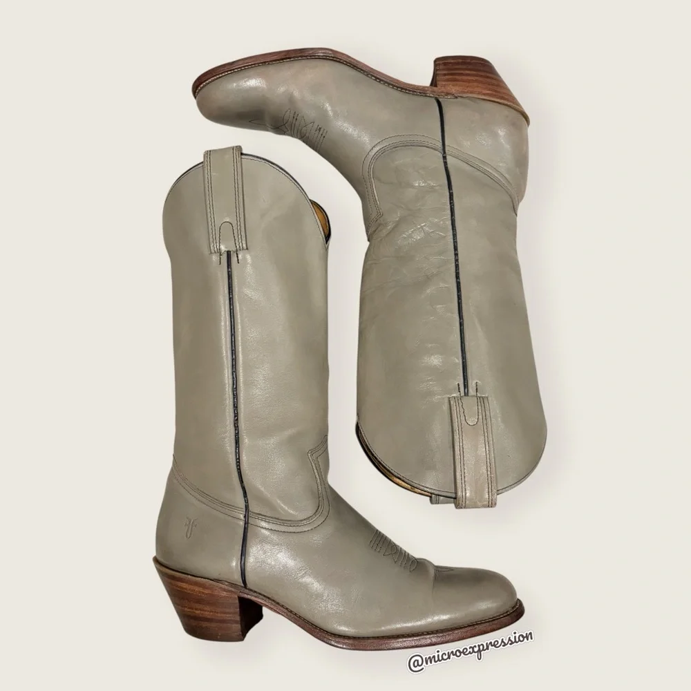 1980 Frye VINTAGE Grey Leather Embroidered Western Fall/Summer Cowboy Boho Boot